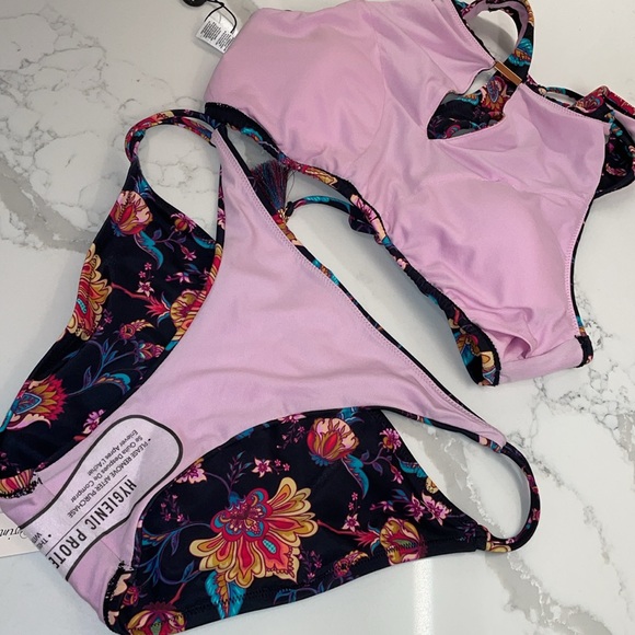 Nanette Lepore swim Bikini Floral print Black Aqua Pink 10 misses - Picture 10 of 12